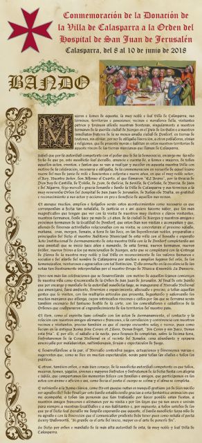 El Ayuntamiento de Calasparra presenta la programación con motivo de la Conmemoración de la Donación de la Villa a la Orden de San Juan de Jerusalén