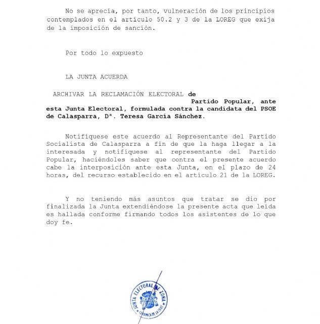 La Junta Electoral archiva la denuncia del Partido Popular de Calasparra contra nuestra alcaldesa Teresa García