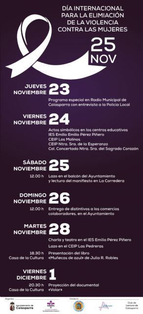 La concejalía de Igualdad del Ayuntamiento de Calasparra presenta la programación con motivo del Día Internacional contra la Violencia de Género, que se conmemora el 25 de noviembre.