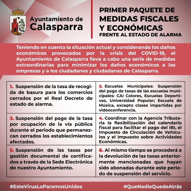 El Ayuntamiento de Calasparra pone en marcha un primer paquete de medidas fiscales y económicas ante la grave situación de estado de alarma