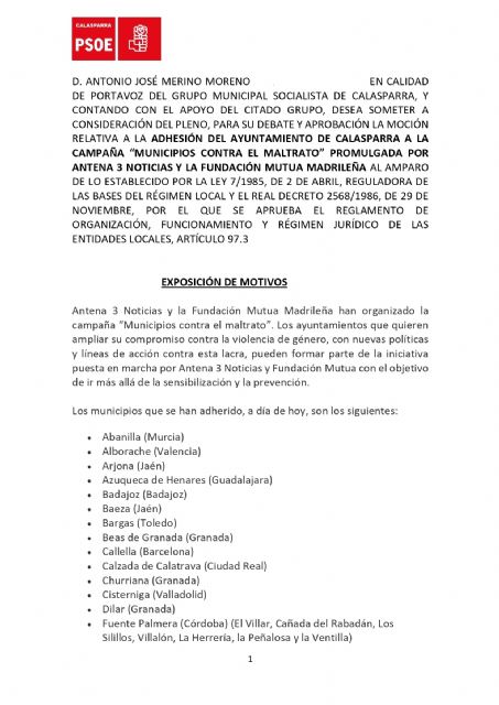 El Grupo Municipal Socialista de Calasparra registra una moción para la ADHESIÓN DEL AYUNTAMIENTO DE CALASPARRA A LA CAMPAÑA “MUNICIPIOS CONTRA EL MALTRATO”